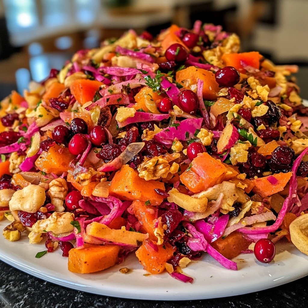Wintersalat mit Butternutkürbis Rosenkohl Cranberries Pekannüssen und Roter Bete