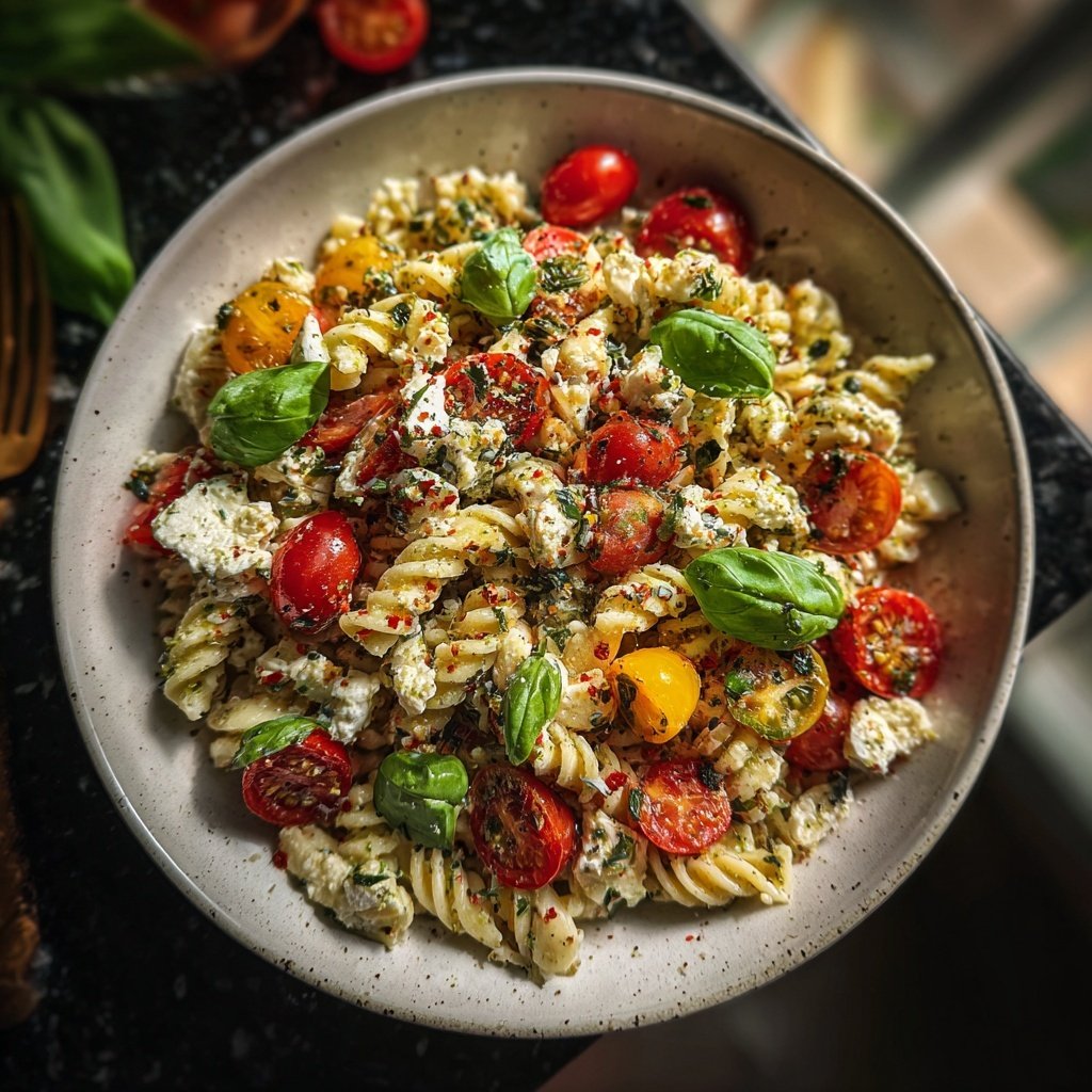 Mediterraner Nudelsalat Mit Basilikum