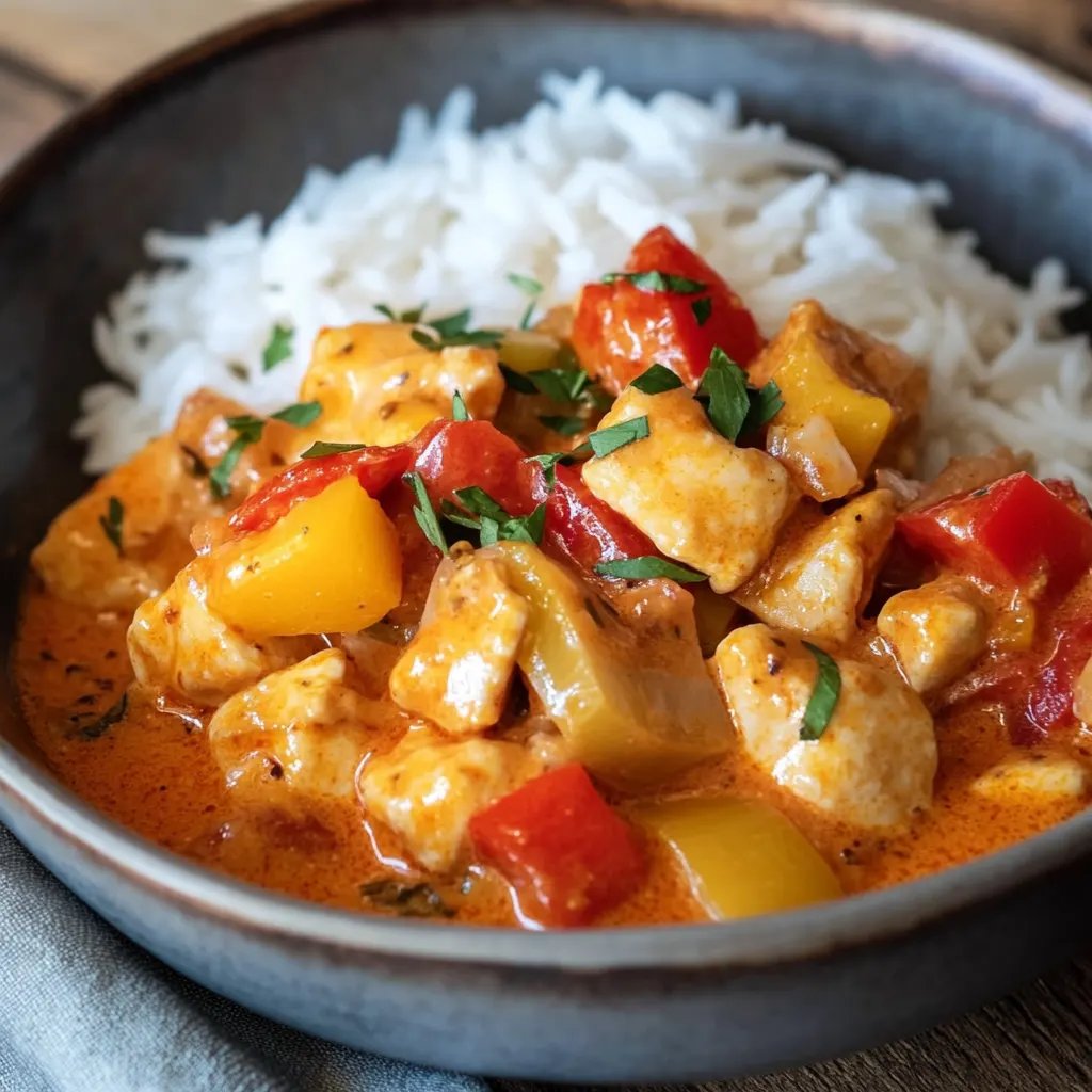 Paprika-Sahne-Hähnchen mit Reis